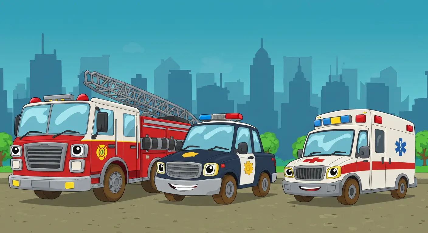 A friendly team of community helpers—a fire truck, police car, and ambulance—standing together as heroes, representing our full collection of emergency vehicle coloring pages.