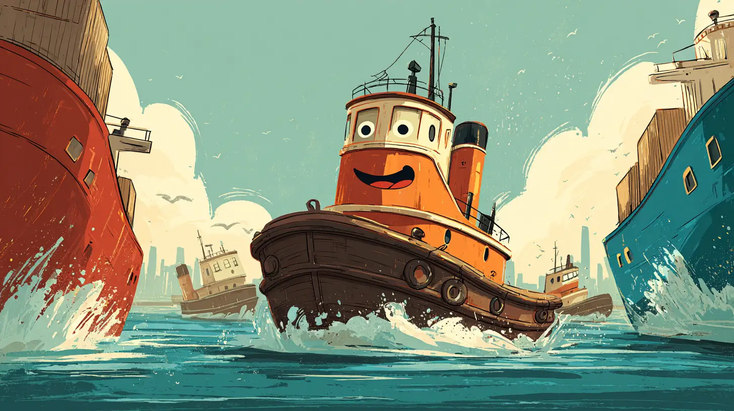 A cheerful and hardworking orange tugboat navigating a busy harbor, representing our collection of exciting boat and ship coloring pages