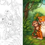 Side-by-side view of jungle coloring pages showing a friendly tiger, two monkeys, and a parrot as a black and white outline on the left and a full-color illustration on the right.