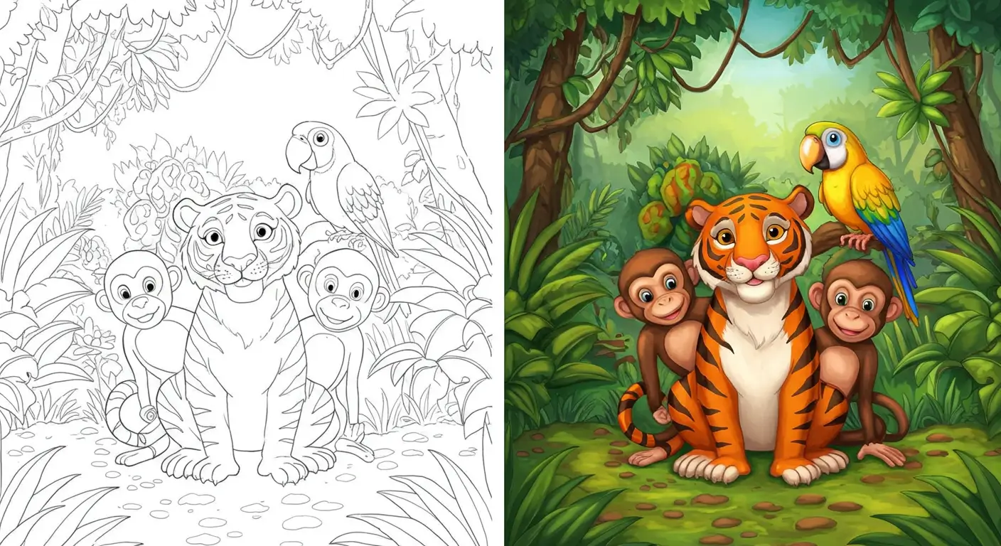 Side-by-side view of jungle coloring pages showing a friendly tiger, two monkeys, and a parrot as a black and white outline on the left and a full-color illustration on the right.