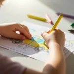 Over-the-shoulder view of a child's hands using a yellow crayon on one of our free printable car coloring pages, with other colorful crayons on the sunny table.