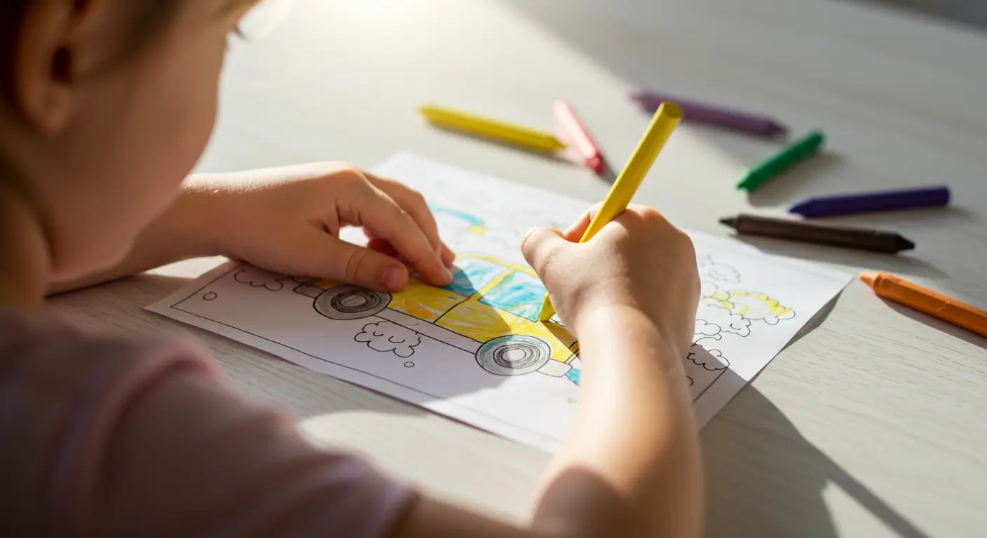 Over-the-shoulder view of a child's hands using a yellow crayon on one of our free printable car coloring pages, with other colorful crayons on the sunny table.