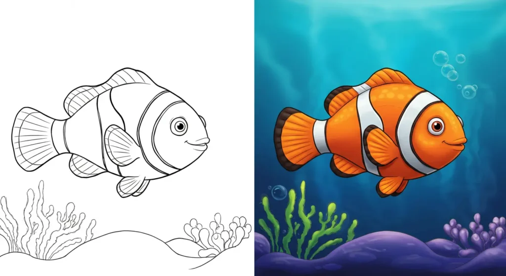 A before-and-after image of a cute clownfish from our collection of ocean coloring pages. The left shows the printable line art, and the right shows the fully colored version.