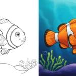 A before-and-after image of a cute clownfish from our collection of ocean coloring pages. The left shows the printable line art, and the right shows the fully colored version.