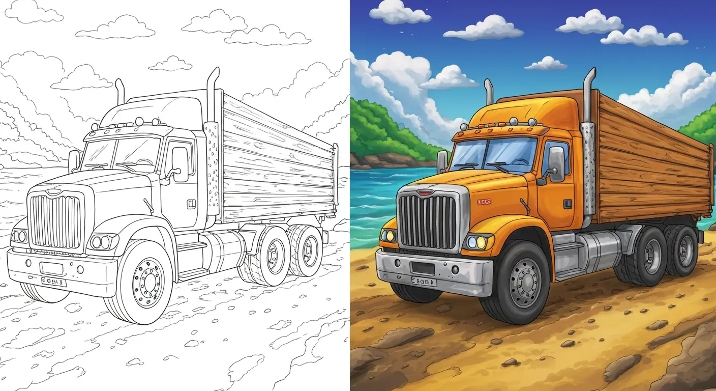 A vibrant illustration of a semi-truck on a beach, serving as the featured image for a collection of free truck coloring pages