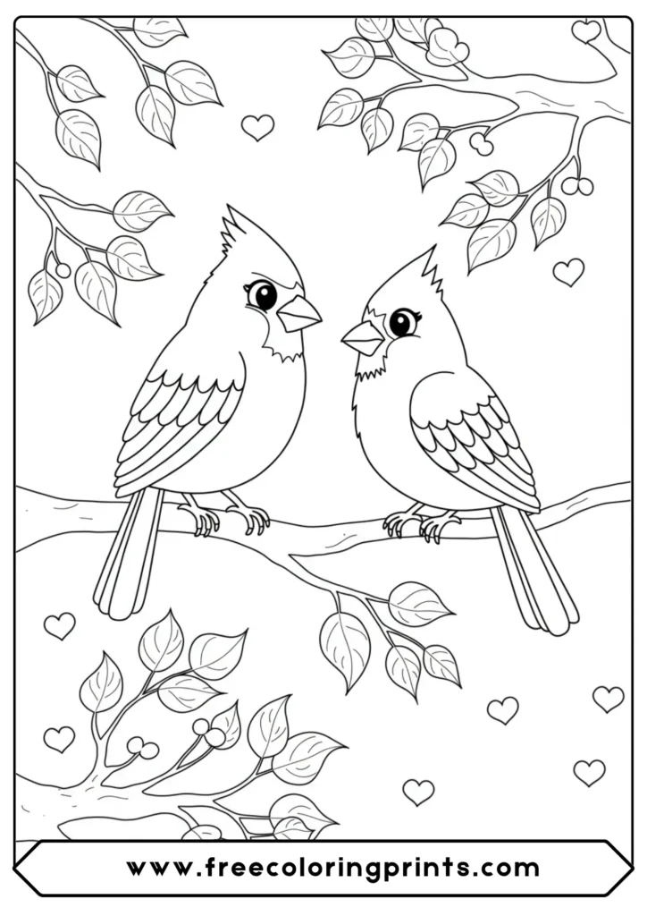 A cute coloring page of a male and female cardinal pair sitting on a branch together.
