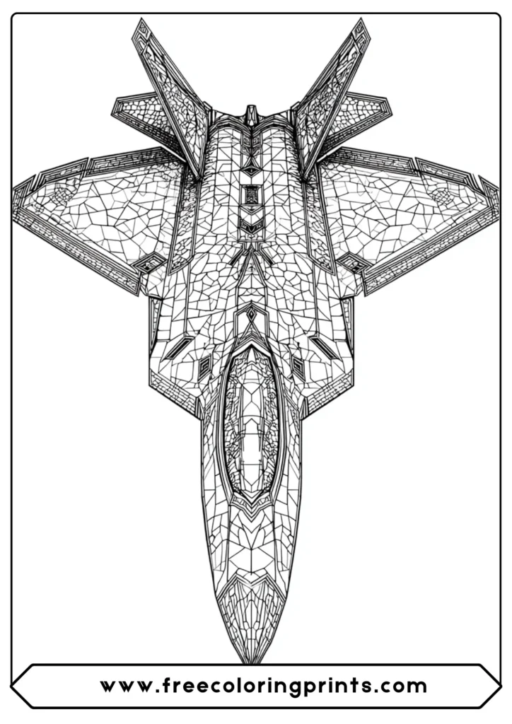 An abstract mosaic airplane coloring page for adults of an F-22 Raptor.