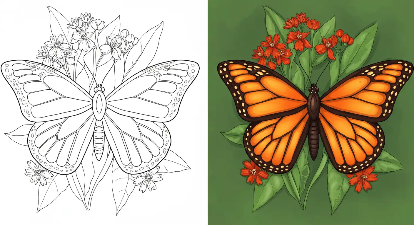 A beautiful monarch butterfly resting on flowers, a featured design in our high-quality collection of Bugs Coloring Pages.
