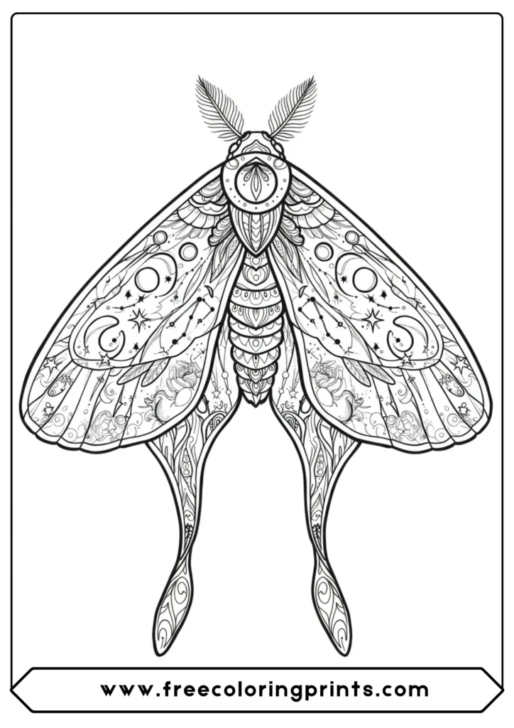 A moth with celestial and galaxy patterns on its wings, a unique insects coloring sheet for adults.
