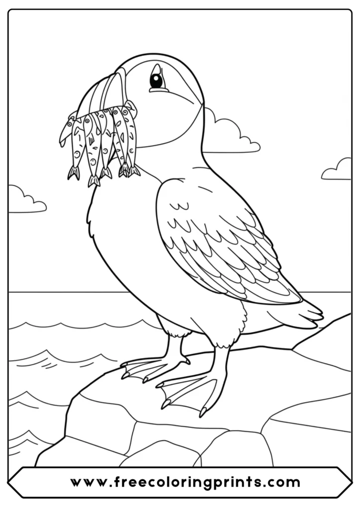 A cute coloring page of a Puffin holding fish in its beak.