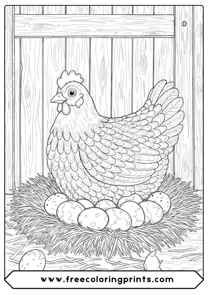 A coloring page of a mother hen sitting on her nest of eggs inside a barn.