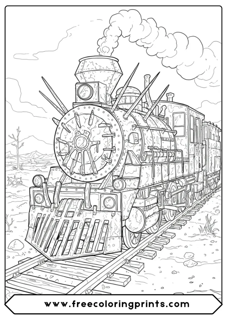 A detailed coloring page of a post-apocalyptic armored diesel train traveling through a wasteland.