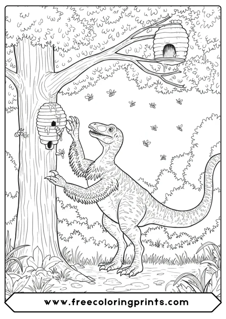 A Therizinosaurus reaching for a beehive, a unique dinosaur coloring page.