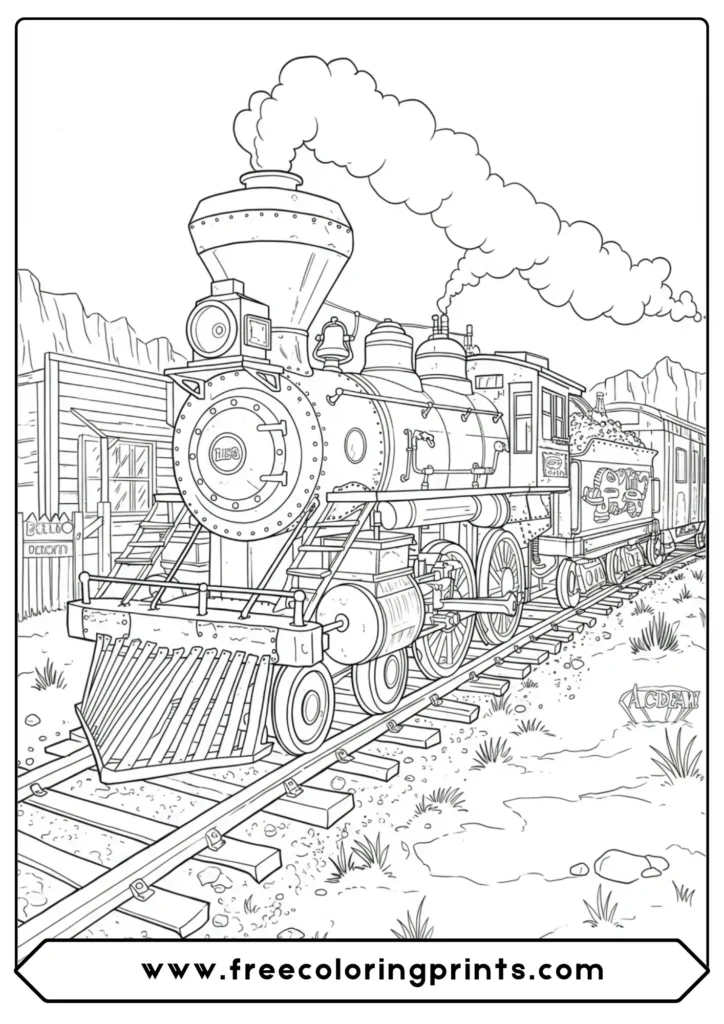 A coloring page of a time-traveling steam train inspired by "Back to the Future," modified with futuristic parts.