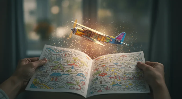 A magical scene from a book of airplane coloring pages, where a colored biplane comes to life and lifts off the page, symbolizing creativity.