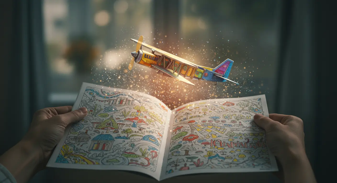 A magical scene from a book of airplane coloring pages, where a colored biplane comes to life and lifts off the page, symbolizing creativity.