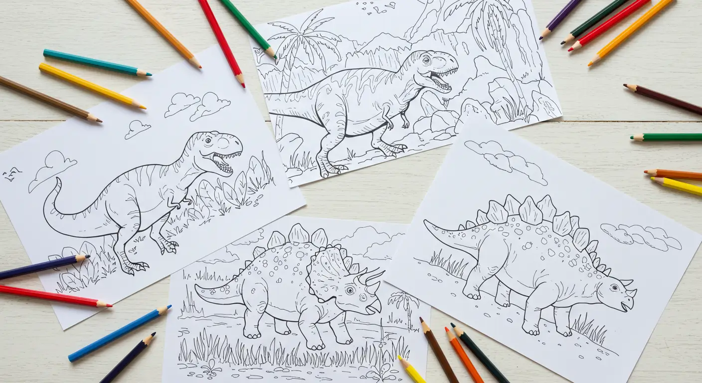 A top-down view of several dinosaur coloring pages, including a T-Rex and Triceratops, spread out on a white wooden table with colored pencils.