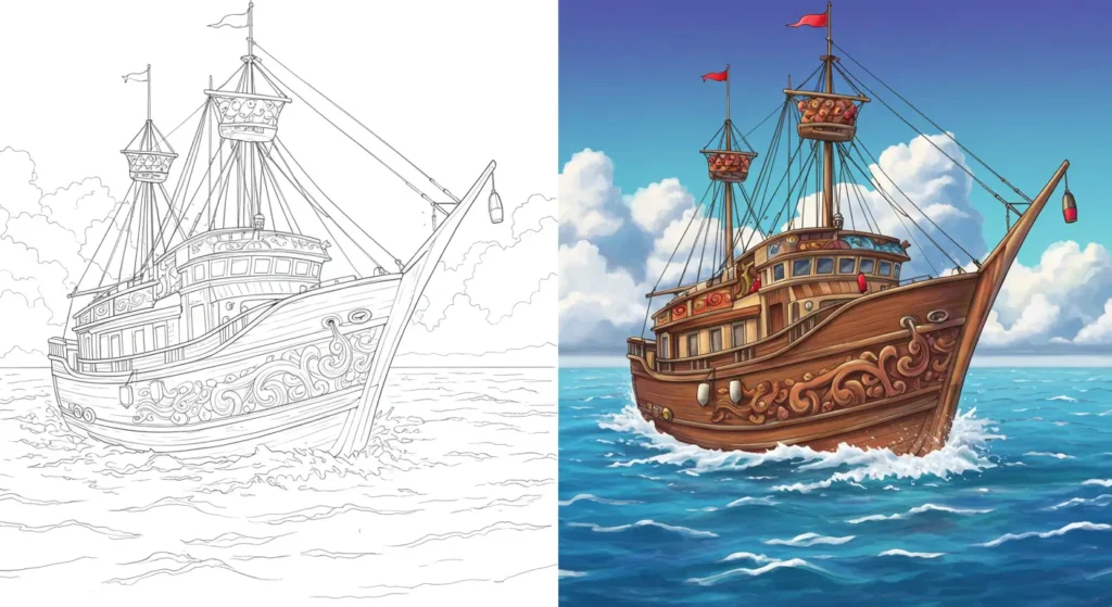 A beautiful example from our boat coloring pages, showing an ornate fantasy ship as both a line art drawing and a fully colored illustration.
