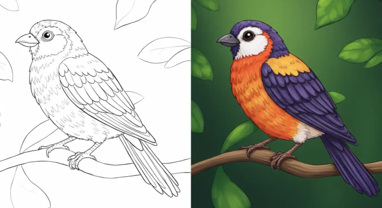 A split image showing the potential of our bird coloring pages: on the left, a blank line art of a bird on a branch, and on the right, the same bird beautifully colored in vibrant orange and purple.
