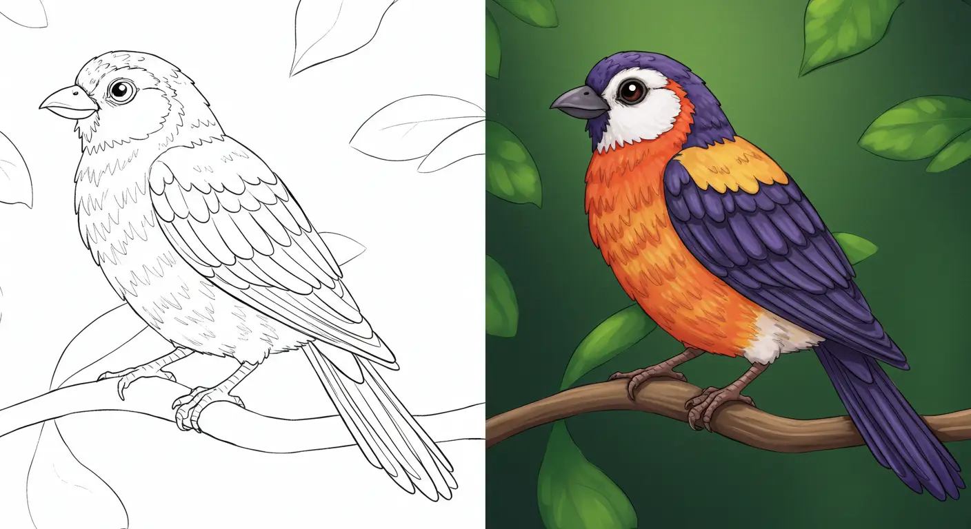 A split image showing the potential of our bird coloring pages: on the left, a blank line art of a bird on a branch, and on the right, the same bird beautifully colored in vibrant orange and purple.