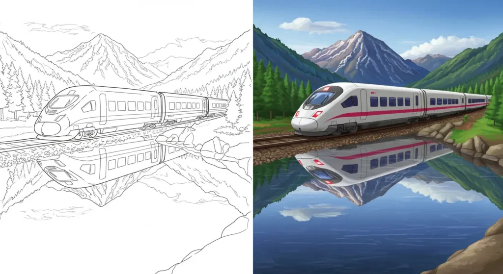 A split-screen image for our train coloring pages, showing a modern high-speed train next to a mountain lake. The left side is the black and white outline, and the right side is fully colored with a perfect reflection in the water.