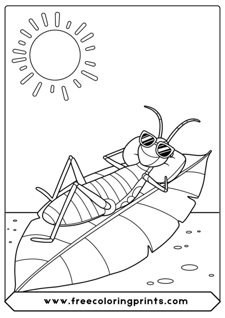 A grasshopper sunbathing with sunglasses, a fun summer coloring sheets insects printable.