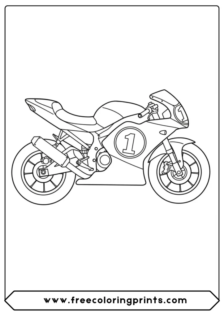 A simple race bike with a big number 1, a perfect easy motorcycle coloring page for aspiring little racers.