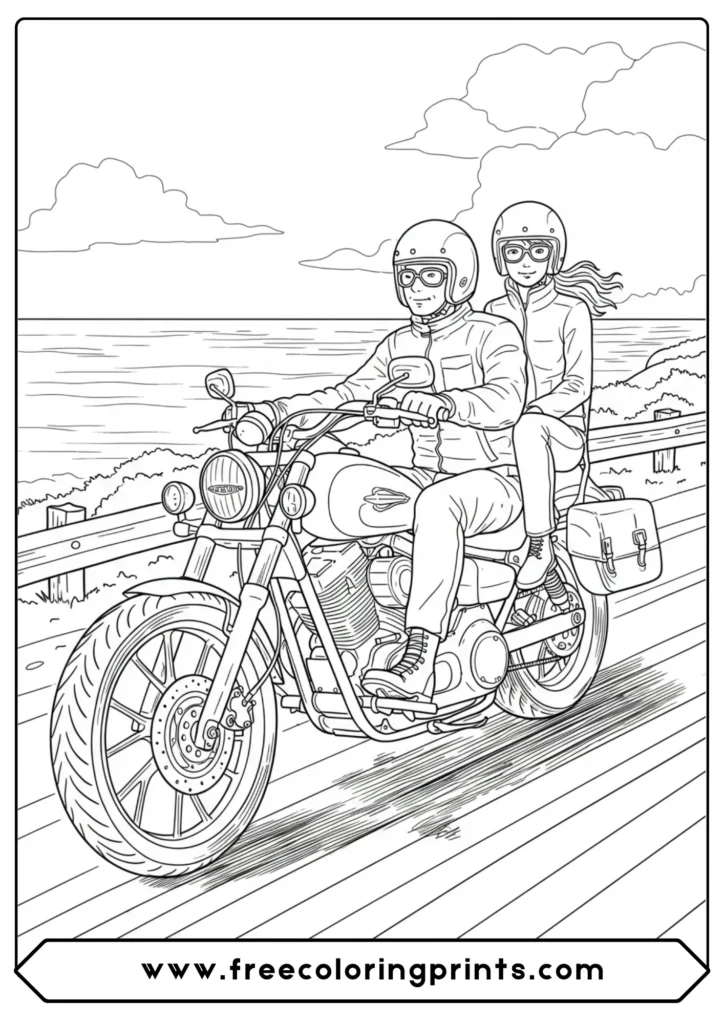 A biker couple on a cruiser, a wonderful motorcycle coloring page for telling a story, from our collection of free harley davidson coloring pagers.