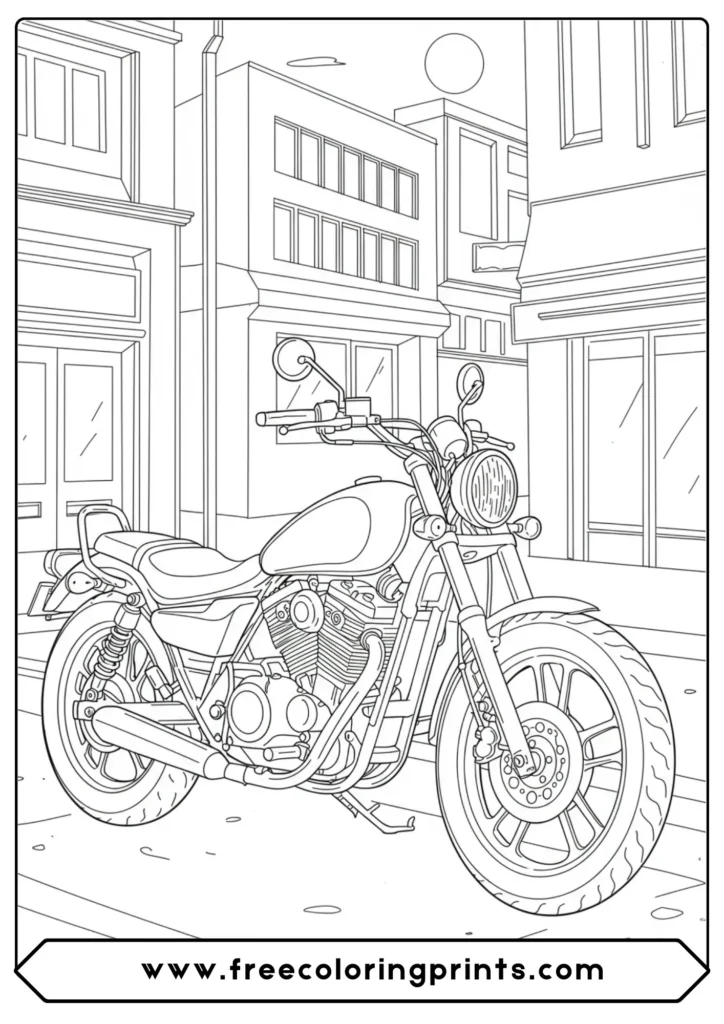 A city scene with a cruiser motorcycle, one of our cool motorcycle coloring pages from our set of free harley davidson coloring pagers.