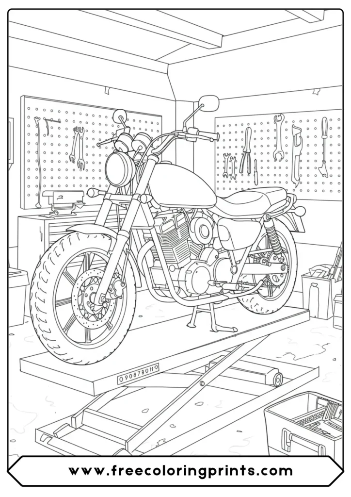 A detailed workshop scene featuring a classic bike, a perfect motorcycle coloring page for adults from our collection of free Harley Davidson coloring pagers.