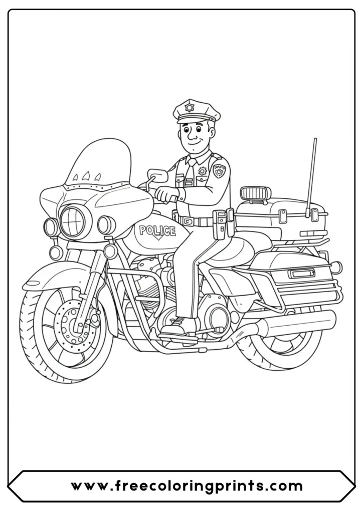 A male police officer on his bike, a classic choice from our police motorcycle coloring pages collection.