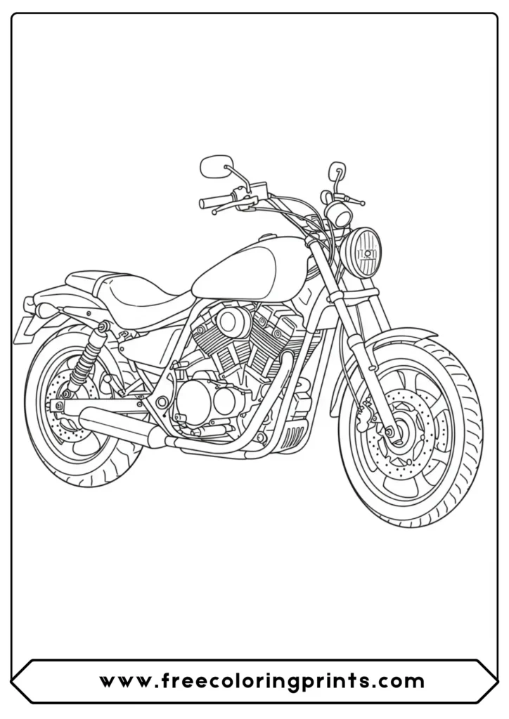 A detailed line art of a classic cruiser bike, a perfect motorcycle coloring page for adults from our collection of free Harley Davidson coloring pagers.