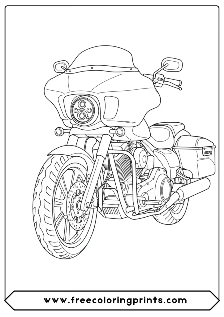 A large "bagger" touring bike, one of our cool motorcycle coloring pages designed for fans of long-distance riding and free harley davidson coloring pagers.