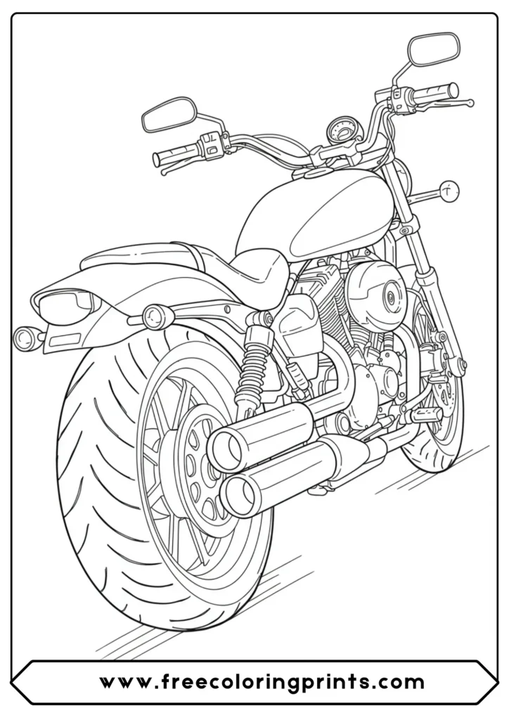 A clean portrait of a classic cruiser, a fantastic motorcycle color page for fans of our harley coloring pages collection.