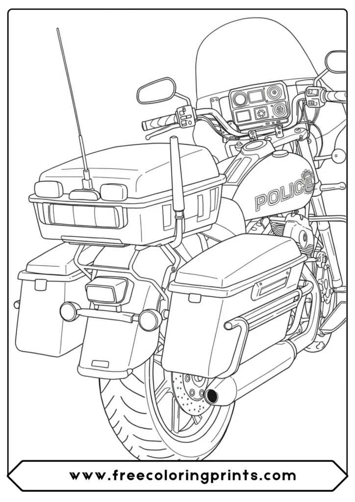 A close-up on police motorcycle equipment, a detailed motorcycle color page for tech lovers.