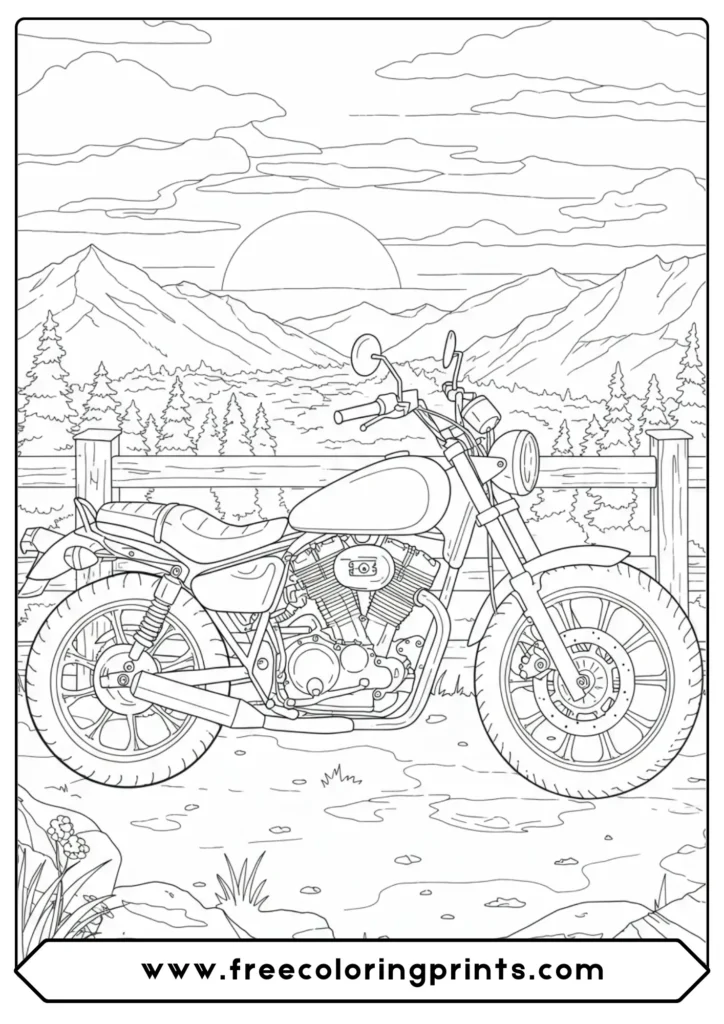 A scenic view of a cruiser at sunset, one of our most requested harley davidson coloring pages for mindful coloring.