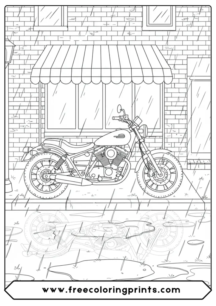 A cruiser parked in the rain, an atmospheric coloring page motorcycle for a unique mood from our Harley Davidson coloring sheets collection.