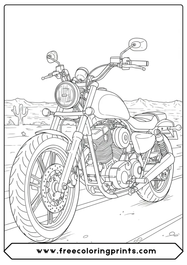 A powerful low-angle drawing of a classic bike on a highway, one of our most requested harley davidson coloring pages for mindful coloring.