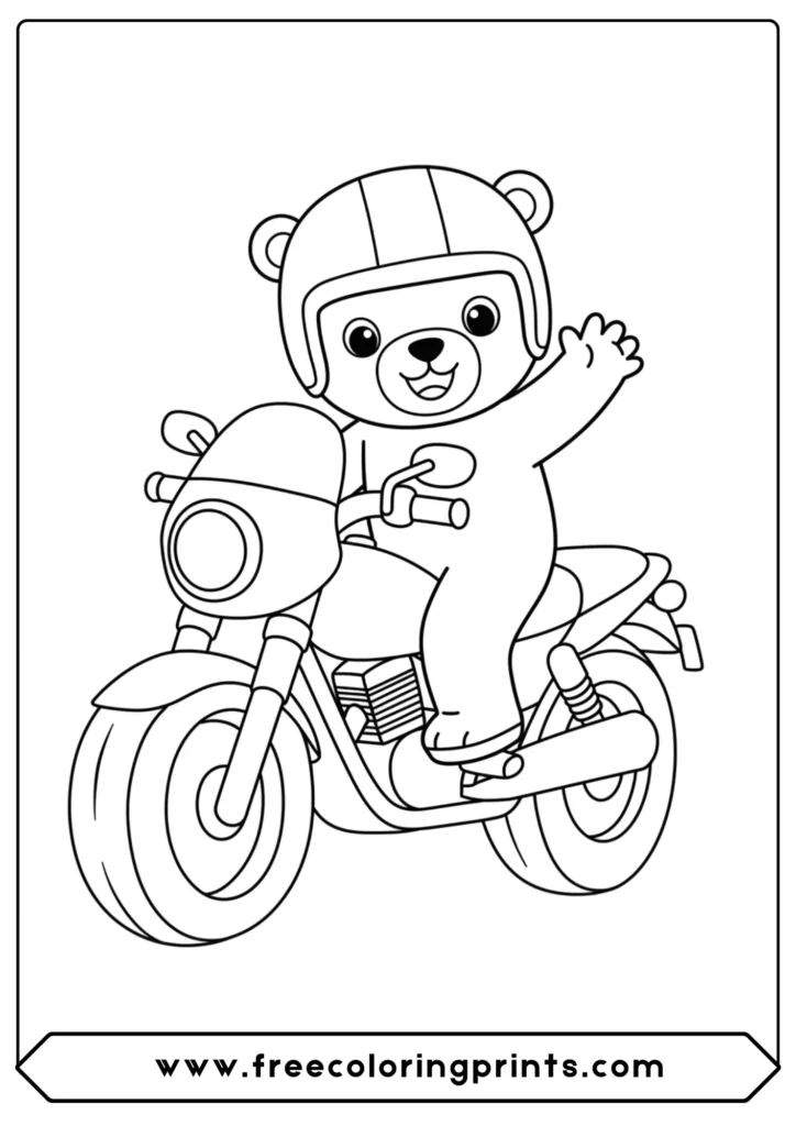 A cute cartoon bear riding a bike, a fun and easy motorcycle coloring page for kids who love animals.