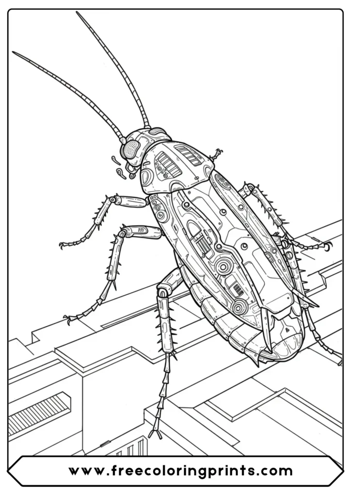 A cyberpunk cockroach with neon wiring, a unique insects coloring sheet for adults.