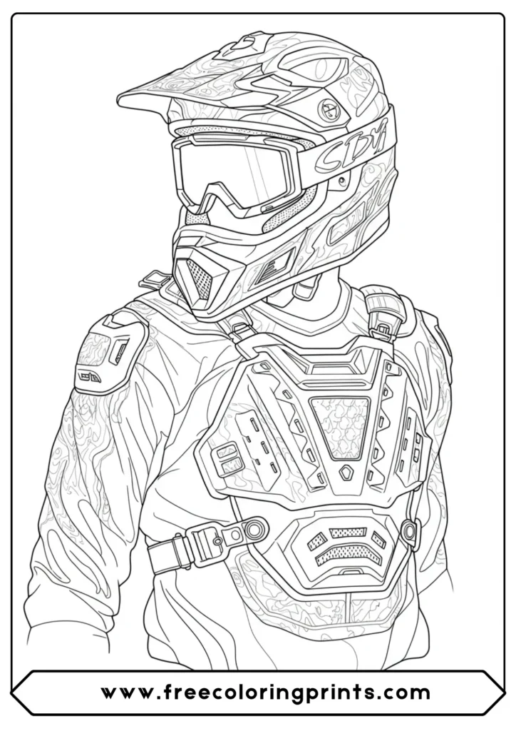 A detailed close-up of a rider's gear, the perfect dirt bike helmet coloring page for detailed work.