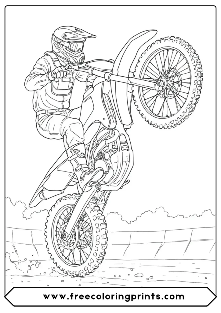 A rider doing a wheelie, one of our cool motorcycle coloring pages that kids love, inspired by KTM dirt bike coloring pages.