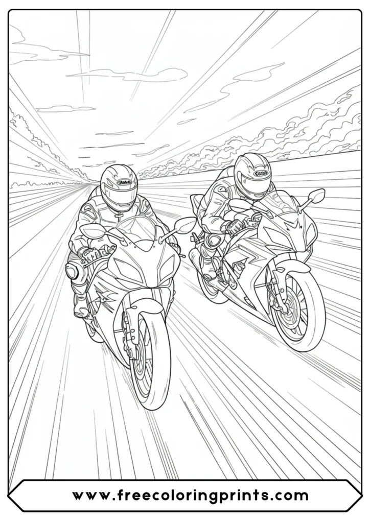 Two superbikes dueling on a straightaway, a high-action scene from our racing motorcycle coloring pages.