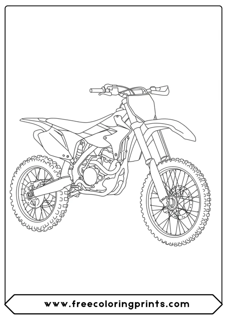 A clean side-profile of a motocross bike, an easy dirt bike coloring page perfect for beginners.