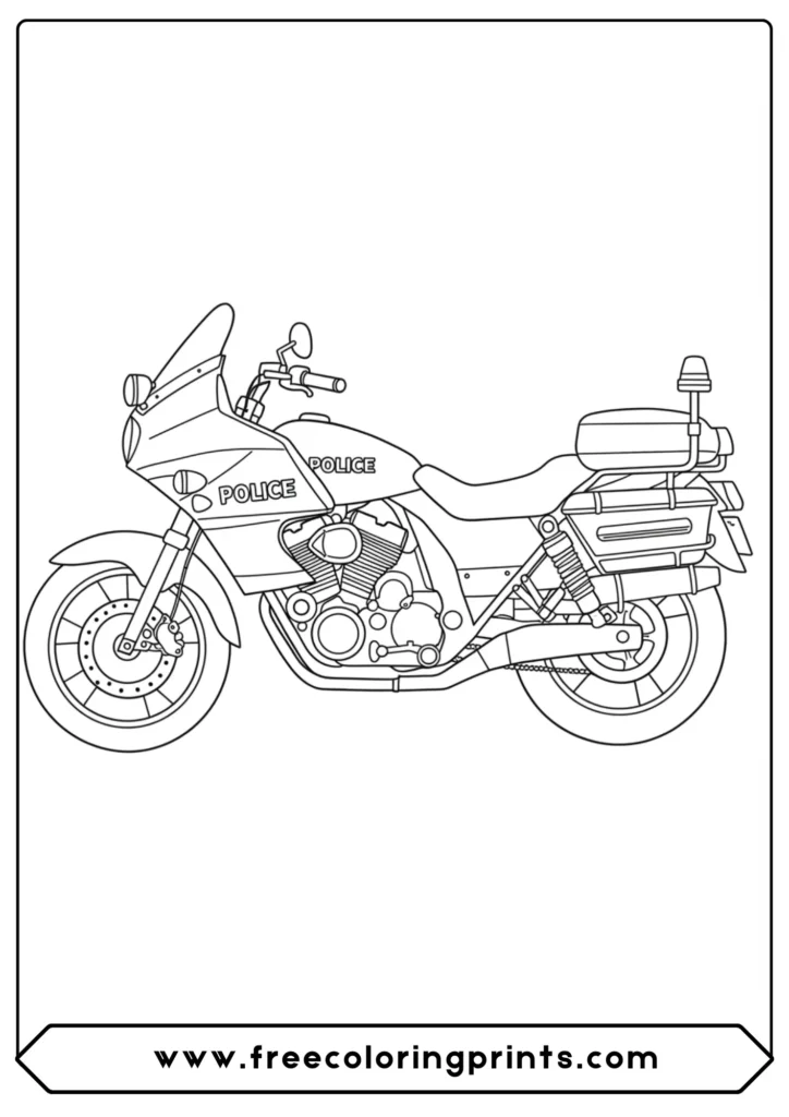 A simple police motorcycle, a perfect easy motorcycle coloring page for young children.