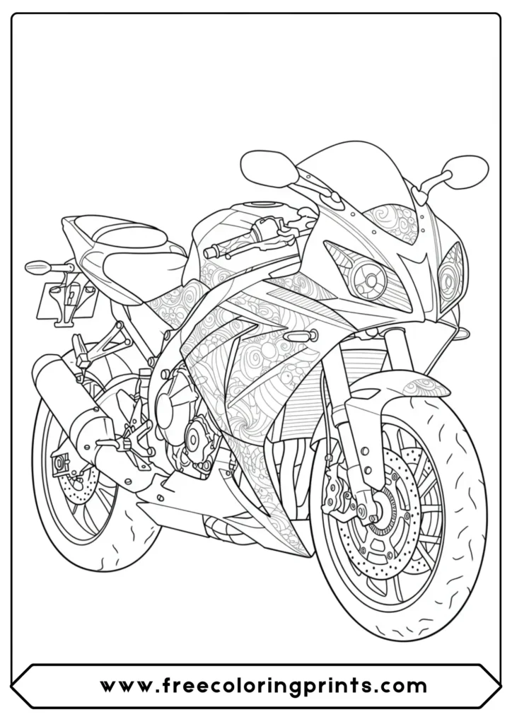 A simple front view of a sport bike, a perfect easy motorcycle coloring page for young fans.