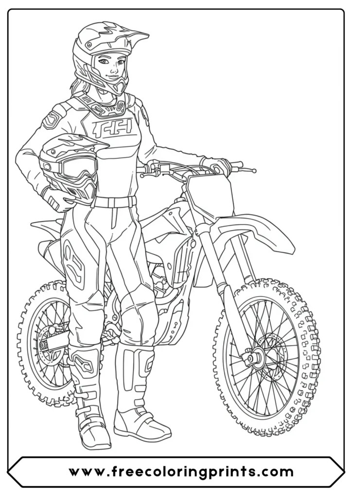 A powerful female motocross rider, an inspiring bike coloring page celebrating women in sports.