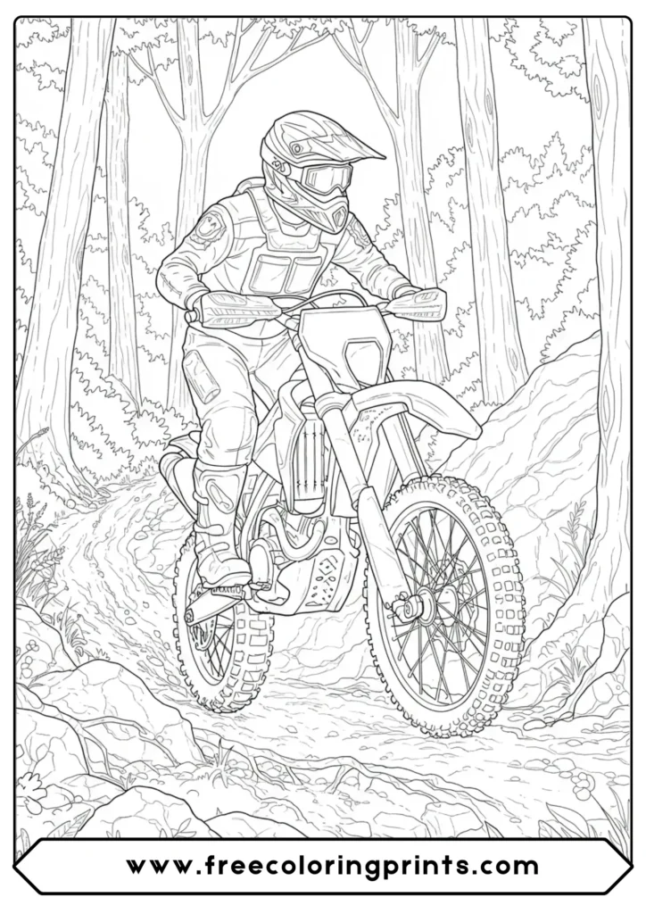 An enduro rider on a forest trail, a great choice from our motorcycle printable coloring pages for nature lovers.