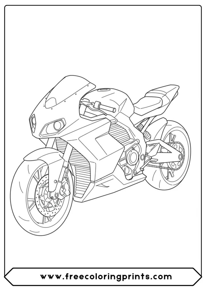 A futuristic electric superbike concept, one of our cool motorcycle coloring pages for fans of sci-fi and modern design.