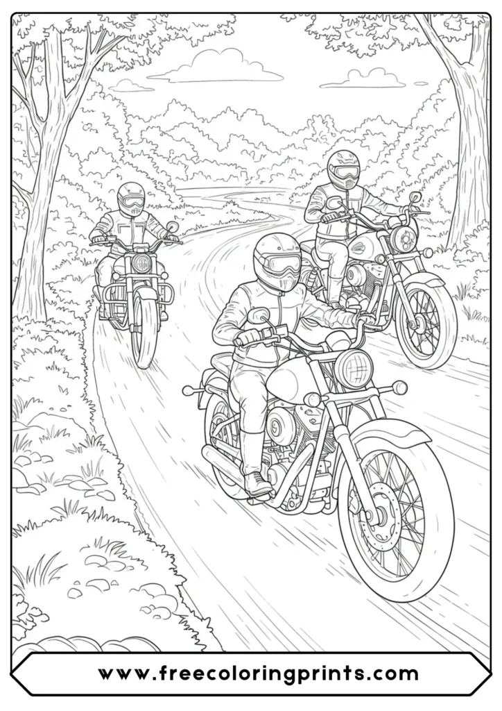 Three cruisers riding together, a dynamic motorcycle coloring page from our set of free harley davidson coloring pagers.